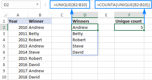 Excel formula to count unique values in a column