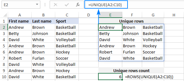 Excel formula to count unique rows